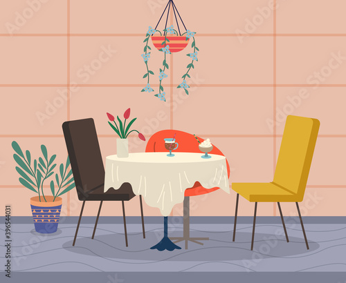 Interior of restaurant or cafe. Empty seats, chairs near table. Vase with tulips, glass with cocktail and ice cream at table. Hanging plant over table. Cartoon vector illustration without people