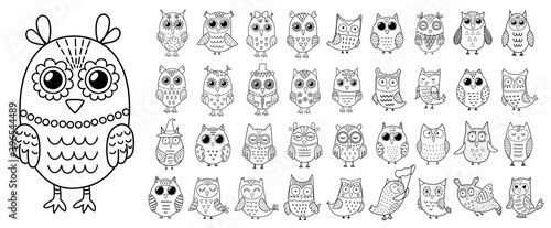 Black and white owls clipart set. Cute outline bird characters bundle