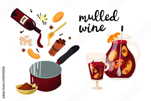 Mulled wine set. cocktail with spices anise, citrus fruit in winter anise beverage holiday alcohol winebowl glass illustration