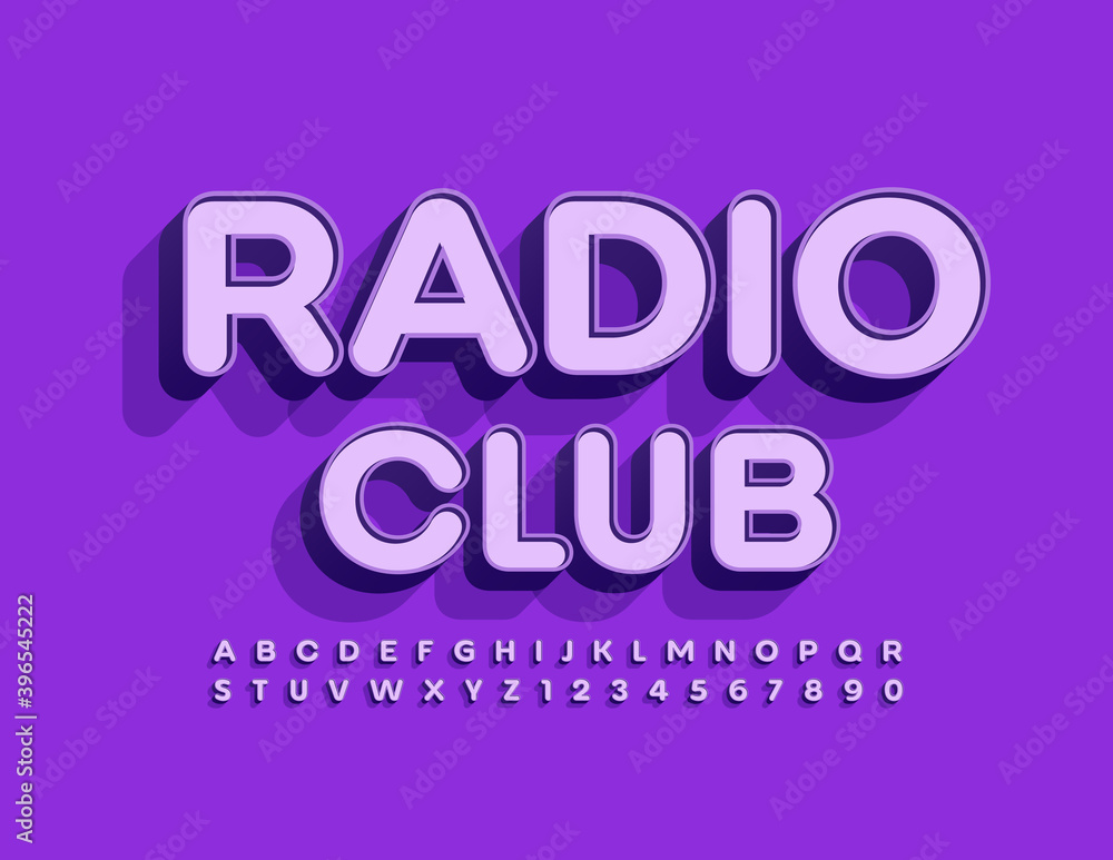 Vector trendy banner Radio Club. 3D Violet Font. Retro style Alpahbet Letters and Numbers set Vector trendy banner Radio Club. 3D Violet Font. Retro style Alpahbet Letters and Numbers set