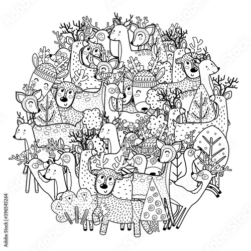 Circle shape coloring page with funny deers. Reindeers black and white print