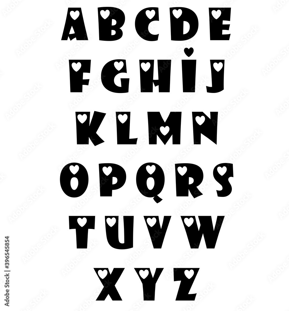 cute alphabet with hearts. vector letters on a white background.