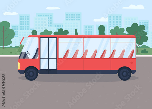 Bus on street flat color vector illustration. City transit. Vehicle for passengers in downtown district. Town transport. Public transportation 2D cartoon scene with cityscape on background photo