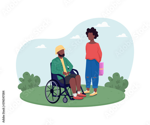 Woman give gift to disabled man 2D vector web banner, poster. Guy in wheelchair. African couple flat characters on cartoon background. Charity and donation printable patch, colorful web element