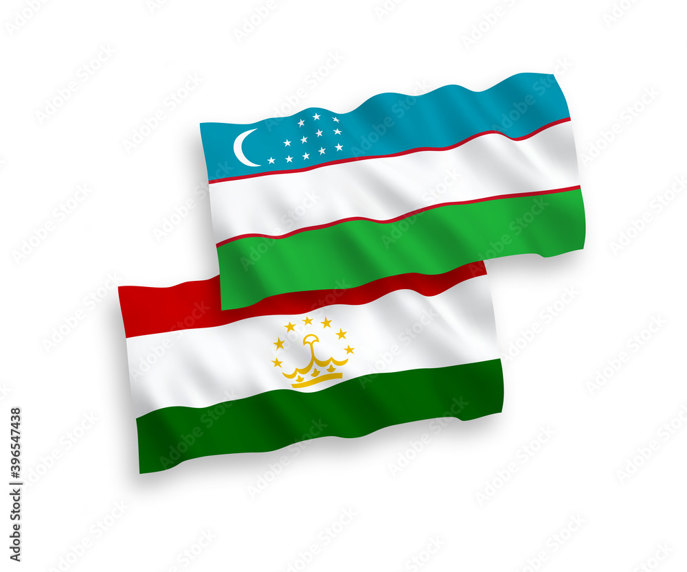 National vector fabric wave flags of Tajikistan and Uzbekistan isolated on white background. 1 to 2 proportion. National vector fabric wave flags of Tajikistan and Uzbekistan isolated on white background. 1 to 2 proportion.