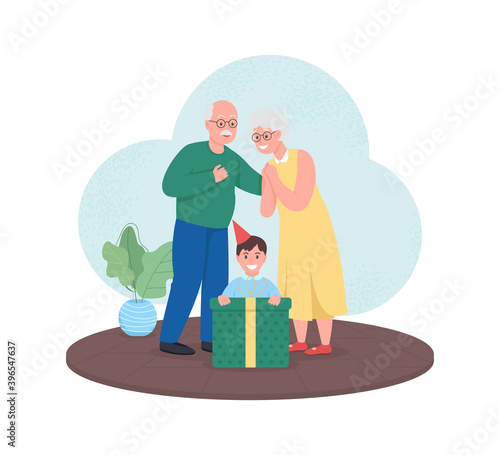 Grandparents give gift to boy 2D vector web banner, poster. Senior couple give grandson present. Family flat characters on cartoon background. Holiday celebration printable patch, colorful web element