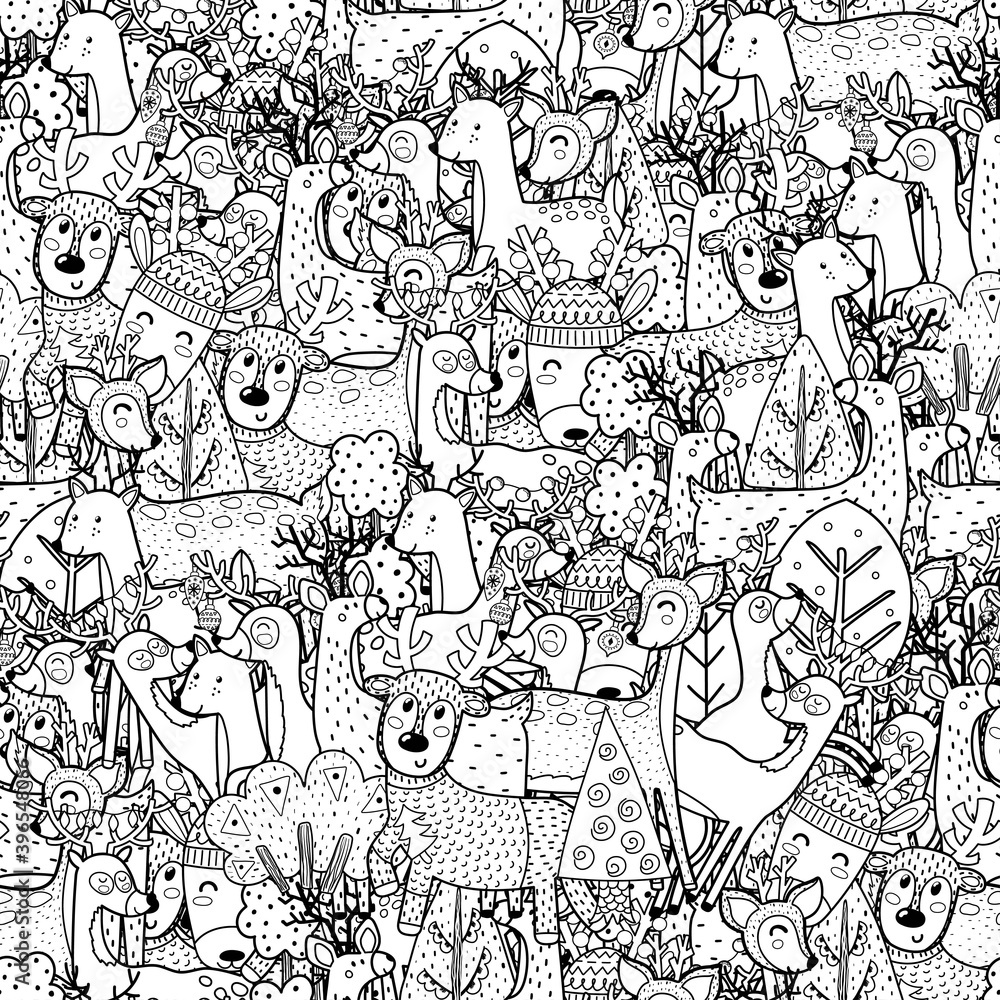 Doodle deers black and white seamless pattern. Funny winter reindeers coloring page