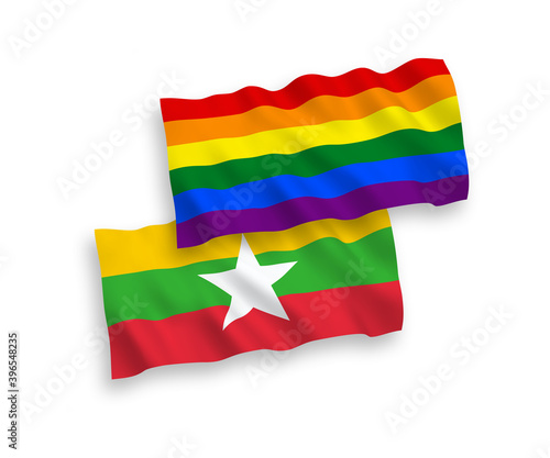National vector fabric wave flags of Rainbow gay pride and Myanmar isolated on white background. 1 to 2 proportion.