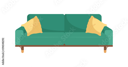 Green couch flat color vector object. Living room furniture. Lounge settee. Home interior furnishing. Contemporary sofa isolated cartoon illustration for web graphic design and animation