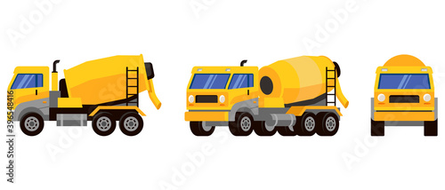 Concrete mixer truck in different angles. Special machinery in cartoon style.