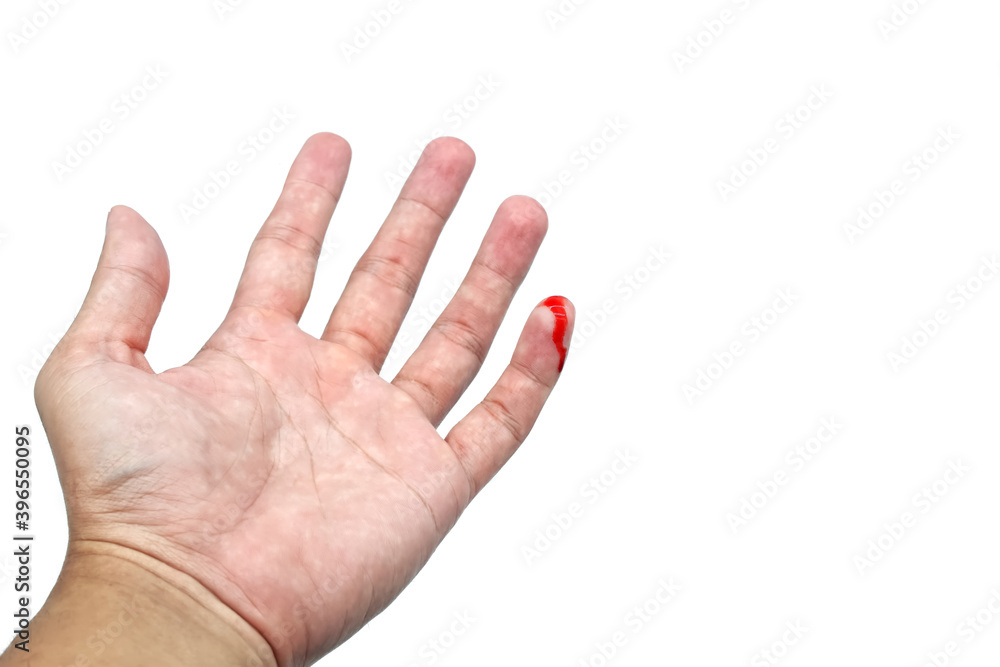 Close up of hand injury, Bleeding on little finger and cut knife, Isolated on white background with copy space. Close up of hand injury, Bleeding on little finger and cut knife, Isolated on white background with copy space.