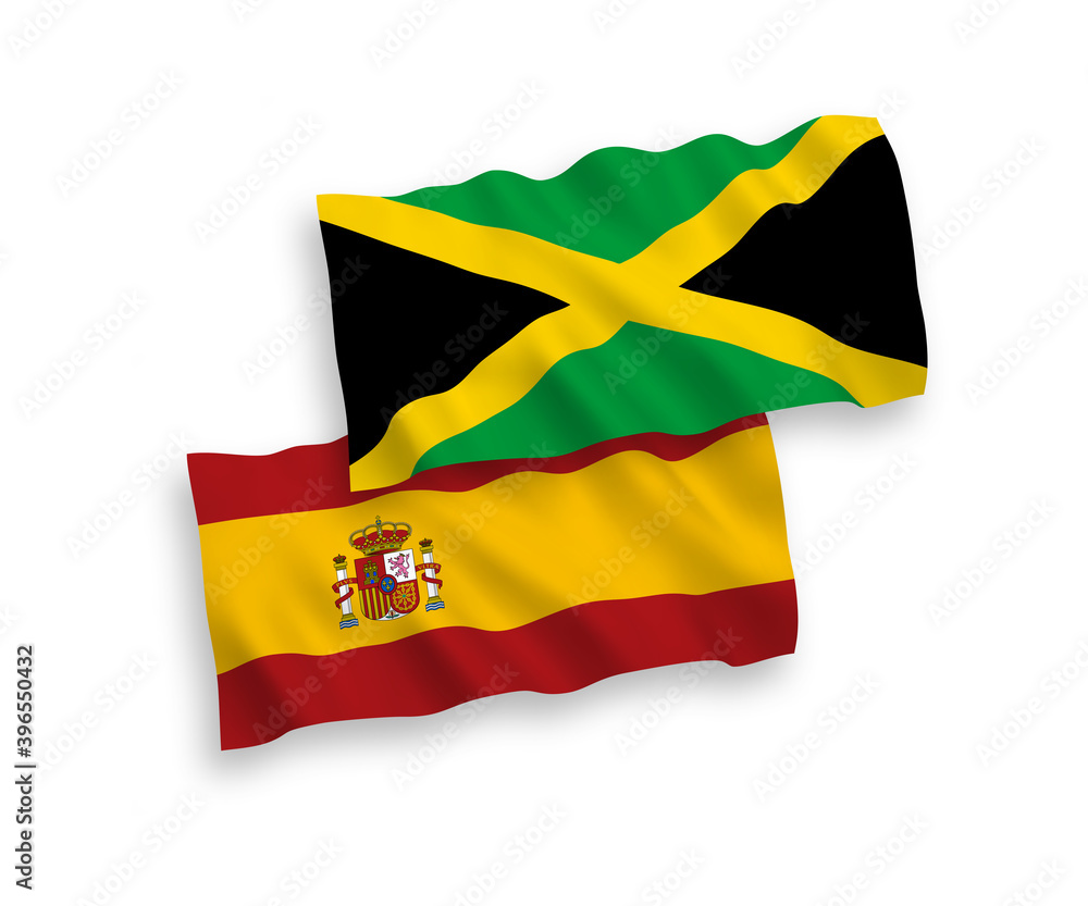 National vector fabric wave flags of Jamaica and Spain isolated on white background. 1 to 2 proportion. National vector fabric wave flags of Jamaica and Spain isolated on white background. 1 to 2 proportion.