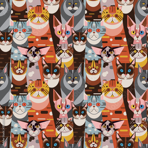 Flat Domestic Cats in Funny Poses Seamless Pattern