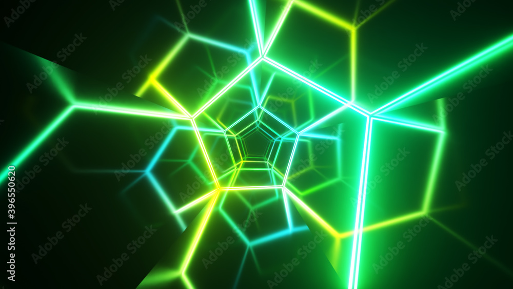 Endless flight in the corridor with a laser neon curve. Modern ultraviolet lighting. Blue green light spectrum. 3d illustration Endless flight in the corridor with a laser neon curve. Modern ultraviolet lighting. Blue green light spectrum. 3d illustration
