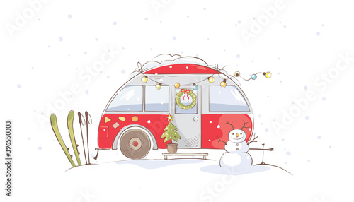 Winter travel in a house on wheels / Funny red house on wheels in winter landscape, vector illustration