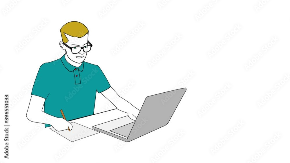 Cartoon loop animation. A man in glasses sits at a table in front of a laptop, one of his hands writes with a pencil on paper. Graphic design, vector graphics, 2D animation. White background. Cartoon loop animation. A man in glasses sits at a table in front of a laptop, one of his hands writes with a pencil on paper. Graphic design, vector graphics, 2D animation. White background.