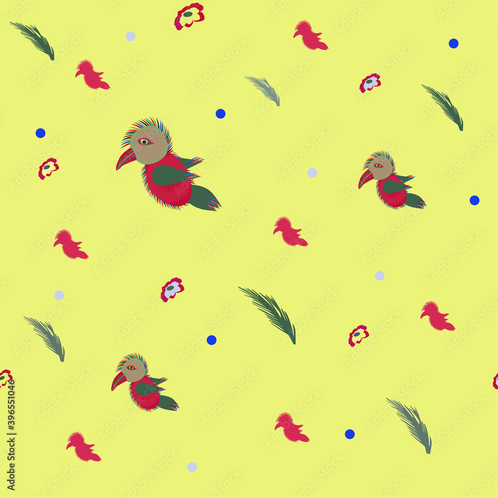 Pattern depicting a toucan, its silhouette, flowers and plant leaves on a champagne-colored background.  Vector graphics.
