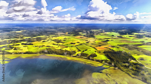 Beautiful aerial view of lake and shoreline colorful painting looks like picture.