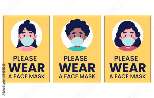 Attention sign collection , please wear a face mask covid-19 virus. Warning or caution sign. Flat design vector illustration