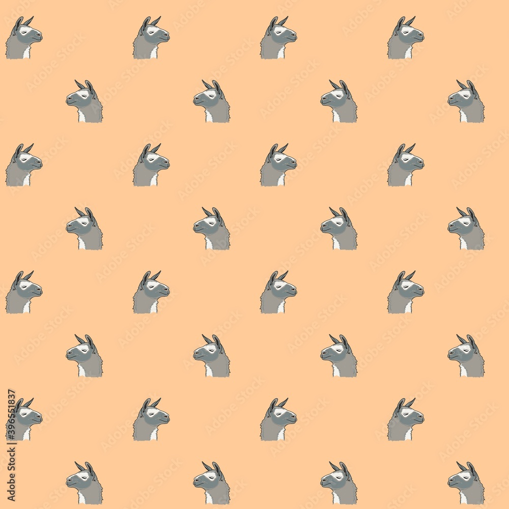 Fototapeta premium Seamless pattern of the muzzle of a gray llama. Animalistic digital sketch of an alpaca. Hand drawn animal on a circle