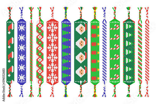 Vector set of handmade friendship bracelets of threads isolated on white background. Marry Christmas and Happy New Year