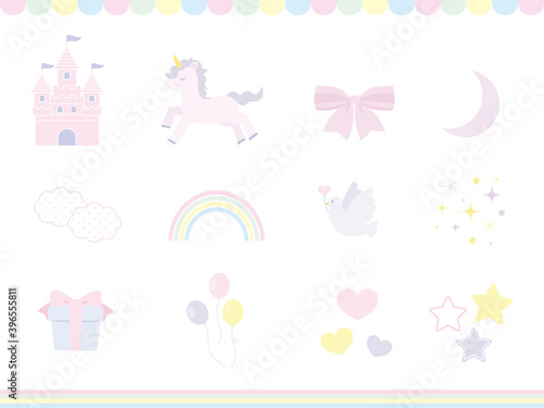 お城とユニコーンのファンシーイラスト　セット