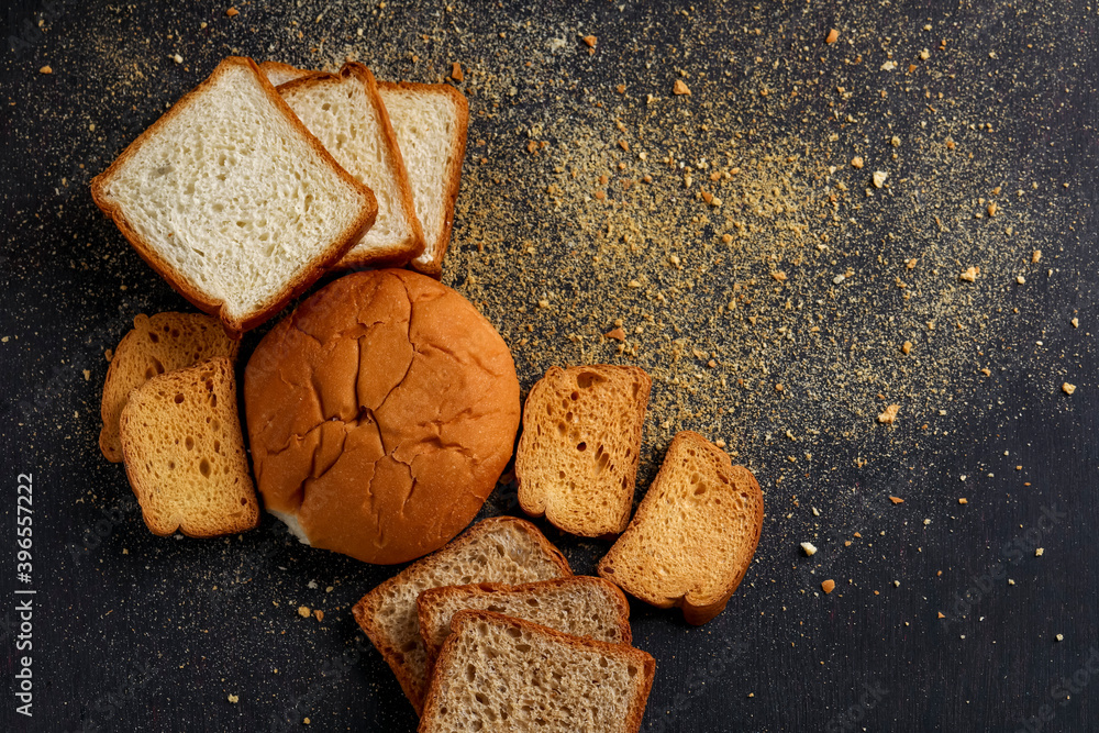 Bakery product, crispy and dry khari or puff,rusk and bun with copy ...