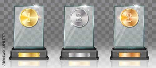 Acrylic glass trophy award mockup set, vector illustration isolated on transparent background. First, second, third place prize plaque templates. Gold, silver and bronze medals, desk winner awards.