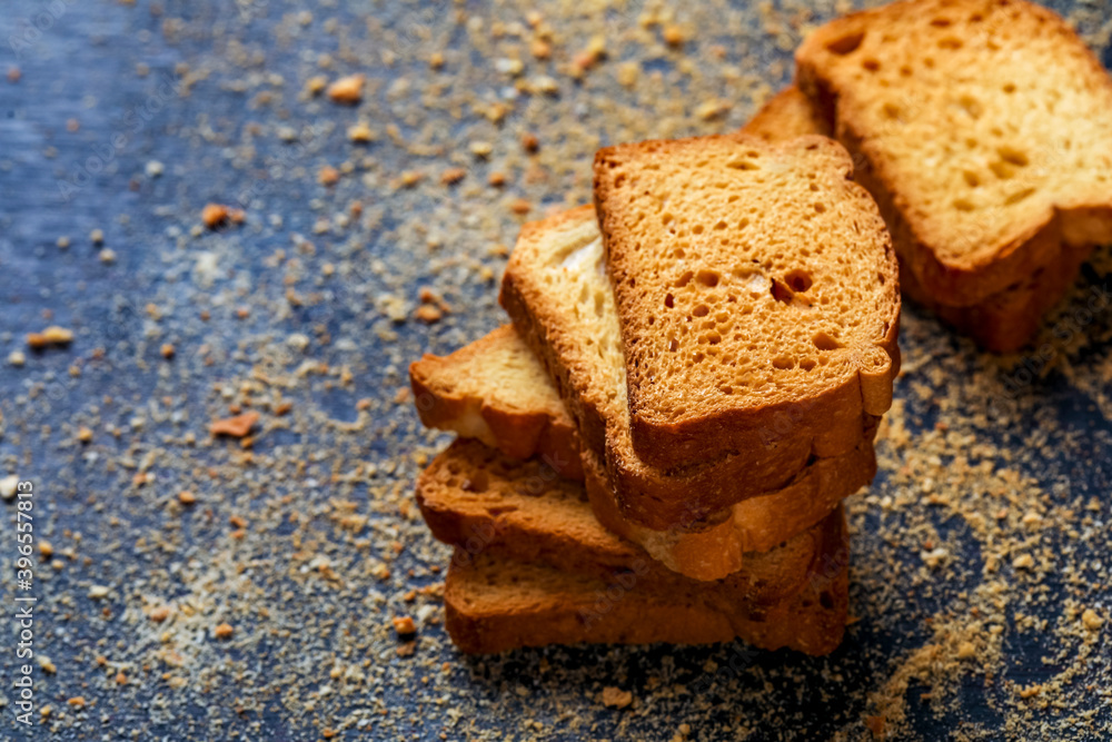 Bakery product, crispy and dry khari or puff,rusk and bun with copy ...