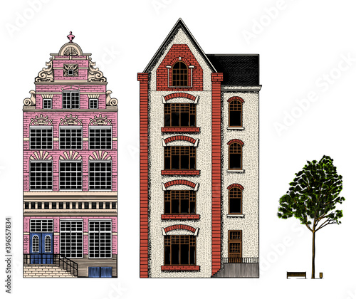 Amsterdam houses. Urban residential buildings. Scandinavian style. European city. Hand drawn monochrome doodle vector illustration 