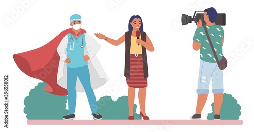 Female tv journalist interviewing doctor wearing super hero red cape before cameraman, flat vector illustration. Interview with doctor superhero, health care professional fighting coronavirus disease.