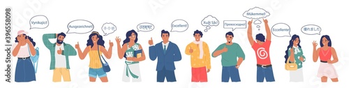 Group of people saying excellent word in different languages showing ok, thumbs up hand gestures, flat vector illustration. International communication. Foreign languages school, courses.