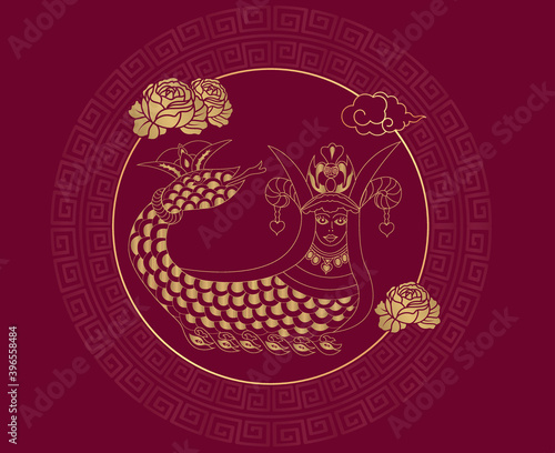 Shahmaran Legendary creature (or Shah Maran - half woman and half snake). It is widely known in Iran, Southeast Anatolia and Iraq. illustration drawing gold and dark red (Sahmeran)
