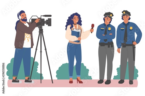Female journalist, news reporter with microphone and cameraman interviewing police officers, flat vector illustration. Live reportage. Correspondent doing interview with policeman and policewoman.