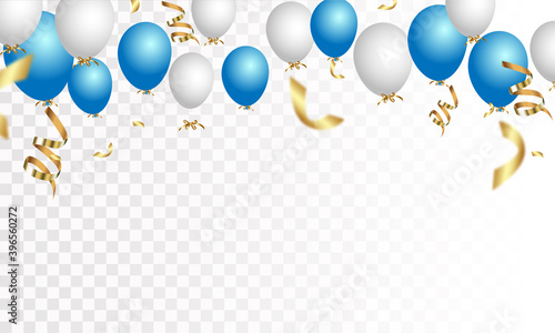 Festive banner with blue confetti and balloons
