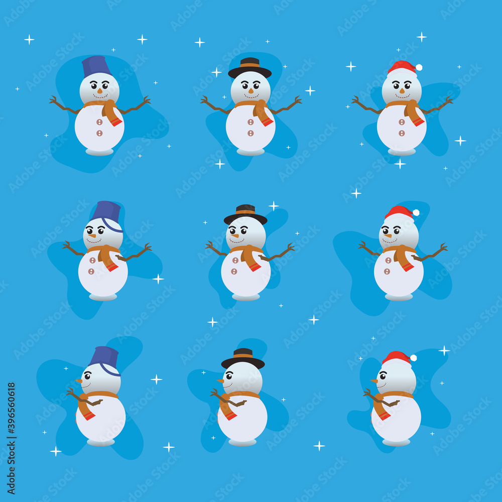 set of cute snowman in various point of view