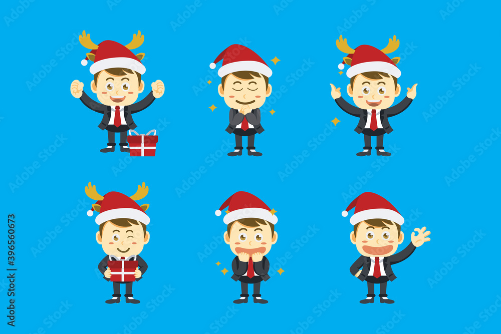 flat design of Business man wearing santa hat in different poses and expressions