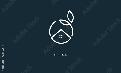 A line art icon logo of a house / home with a leaf circle	
