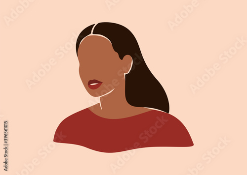 Silhouette of African American woman with black long hair. Smiled young female with brown skin portrait in earth colors. Vector illustration for International Women's Day and Mother's day.