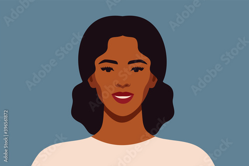 Black woman with curly hair in a bunch smiles and looks directly. Confident young female with brown skin portrait front view on a blue background. Vector illustration.