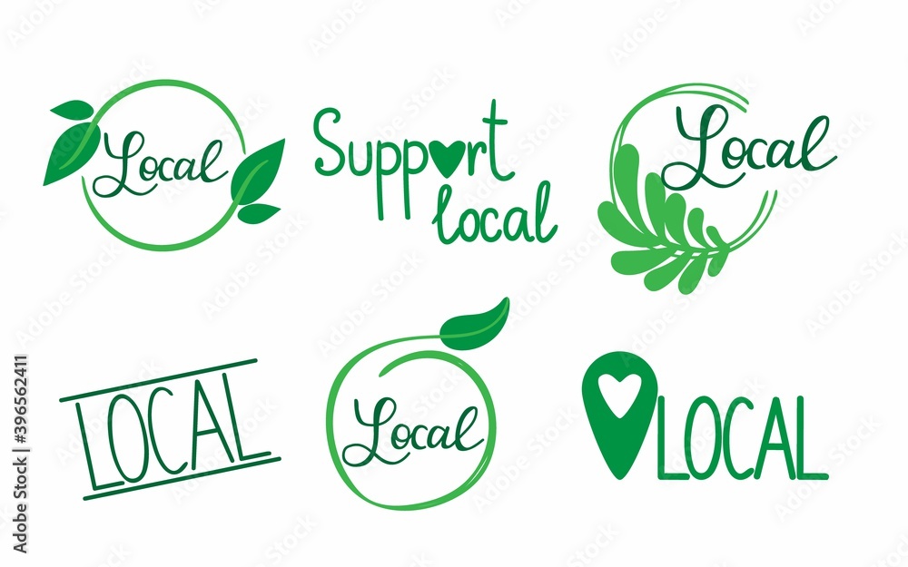 Local eco labels. Oganic green circle frames with leaves and branches, bio products stamps, ecology friendly emblem set support local badge promotion decoration element hand drawn illustration
