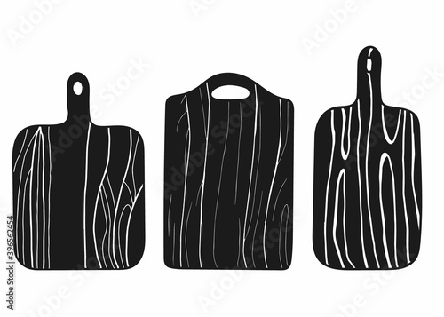 Cutting board silhouette set. Hand drawn boards, vintage kitchen wooden boards collection, black objects sketch style for chef, barbeque restaurant and cafe menu, vector line isolated illustration