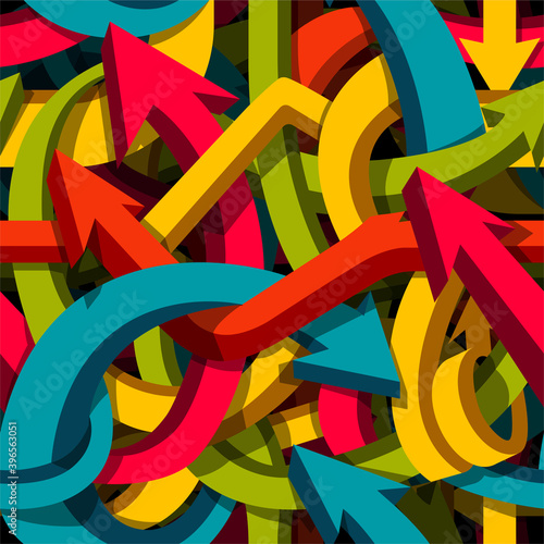 Abstract seamless arrows background, motley 3d arrows, confusion or puzzle concept, vector pattern