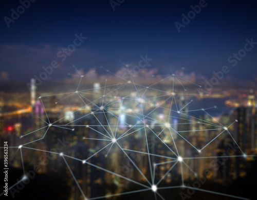 Connecting lines and dots against blurred and modern city skyline at night. Abstract vector network, futuristic background for business, technology, connection or science presentation. Copy space.