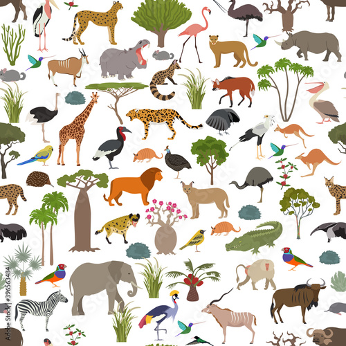 Tree savanna and grass savanna biome, natural region seamless pattern. Woodland and grassland savannah, prarie, pampa. Animals, birds and vegetations ecosystem design set