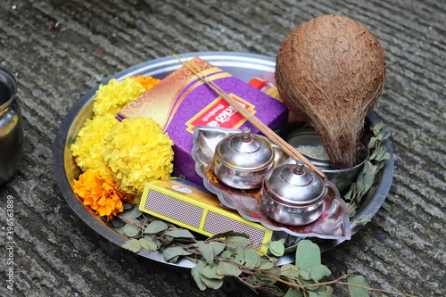 indian dasara/dashara traditional things required for ritual pooja photo