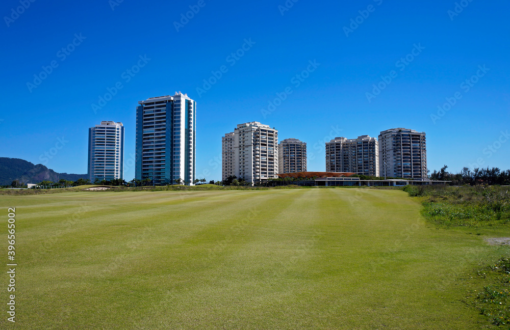 Residential buildings viewed from golf course in Barra da Tijuca, Rio, Brazil Residential buildings viewed from golf course in Barra da Tijuca, Rio, Brazil