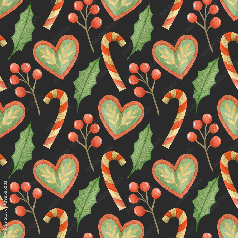 Fototapeta premium Watercolor seamless pattern merry christmas, new year, heart, candy staff, branch, leaf.