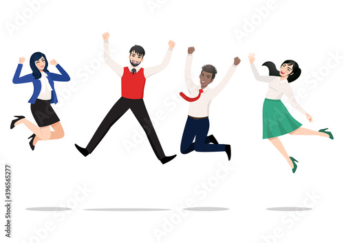 Business people jumping celebrating victory. Cheerful multiracial people celebrating together. A diverse group of happy company team colleagues jumping. Flat vector winning characters collection
