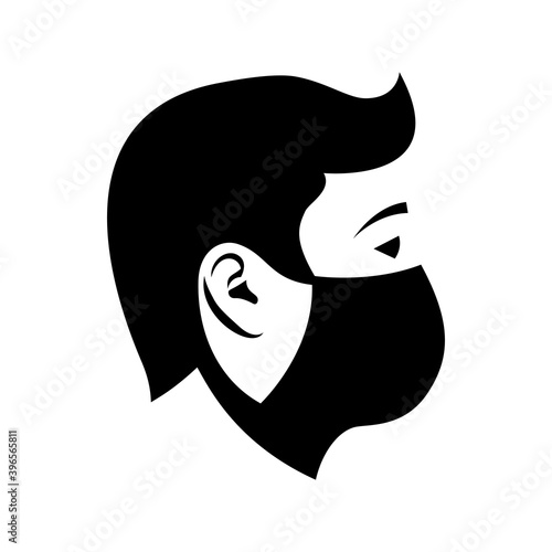 Black icon man in a medical mask. Face mask silhouette. Close up pictogram young man in protective respiratory mask. Vector illustration flat design. Isolated on background.